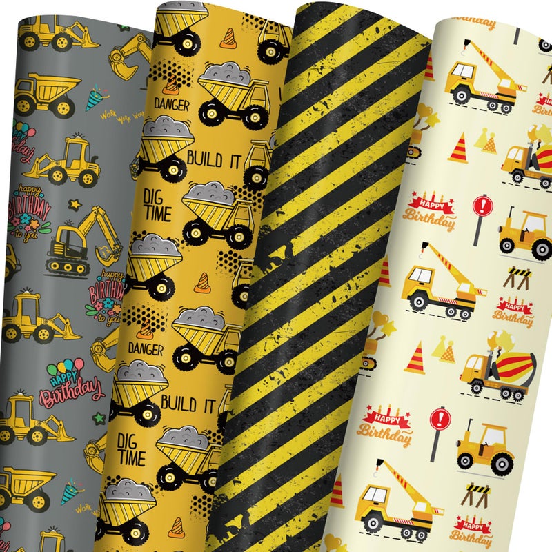 ZINTBIAL Construction Vehicle Wrapping Paper for Kids Birthday - Excavators  Bulldozers  Dump Trucks and Happy Birthday Words Designs - 20 x 29 Inches  8 Folded Sheets  Easy to Store - Image 1